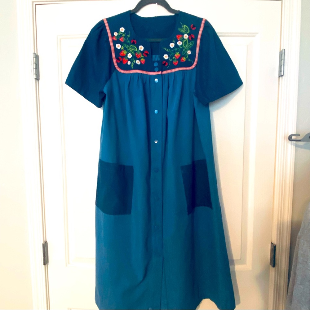 Go Softly Women's  Patio Dress Chambray Denim Snap Front Strawberry Ladybug SZ L